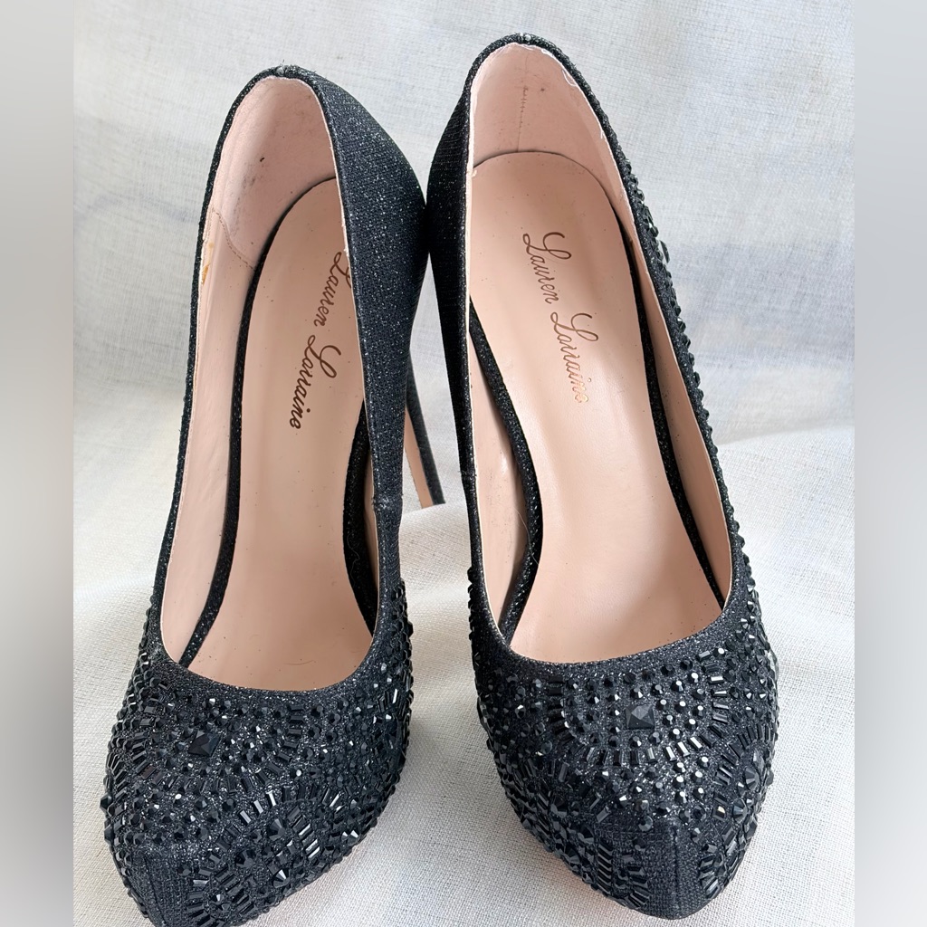 Lauren Lorraine,Vanna-2 Black Rhinestone-Embellished Platform High Heel Pumps.